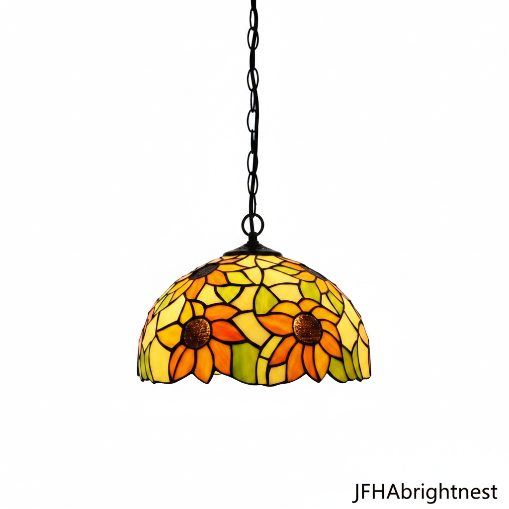 Yellow and white Tiffany stained glass dome pendant light – clean white background product photo