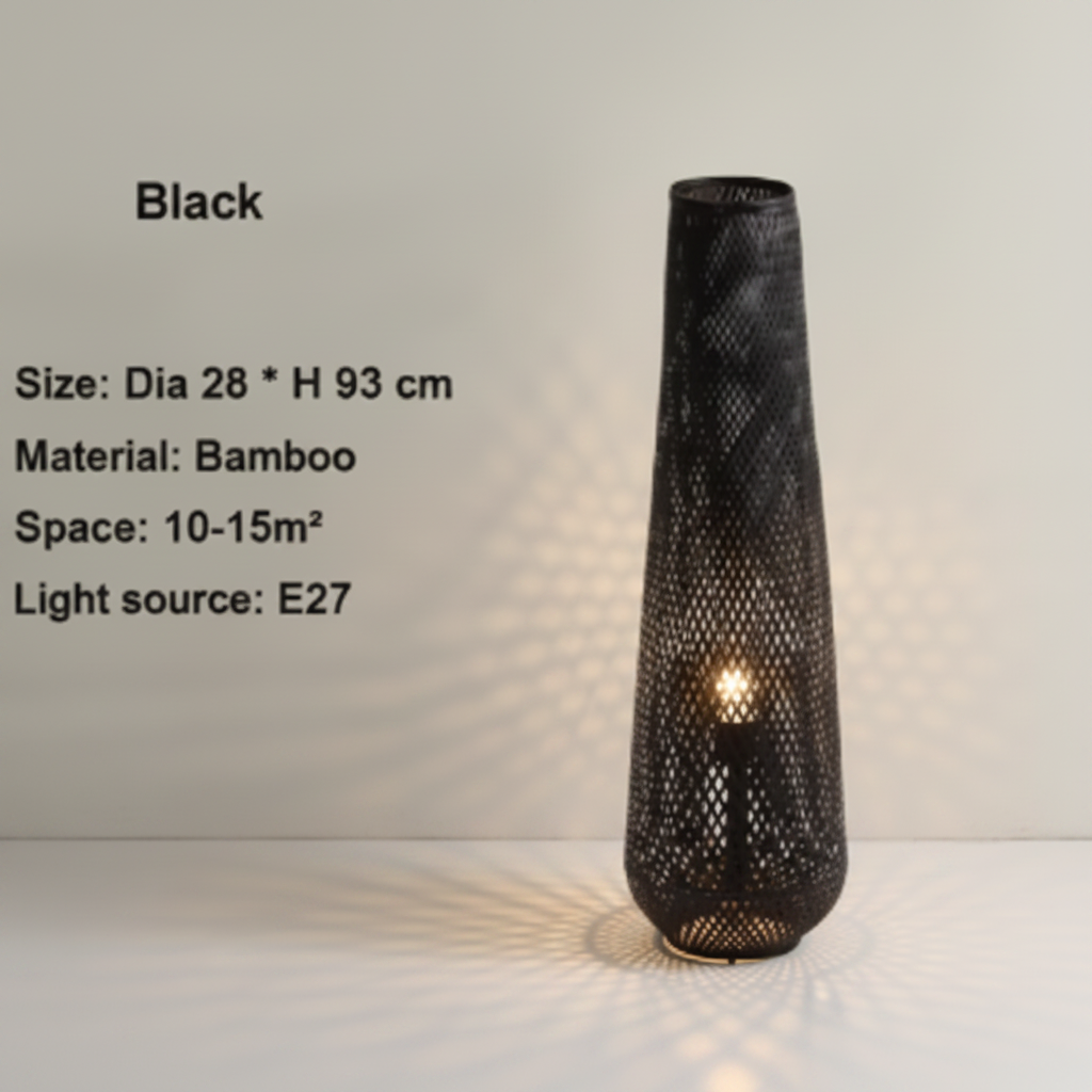 Black bamboo floor lamp with specifications: 28 cm diameter, 93 cm high, bamboo, E27 light source