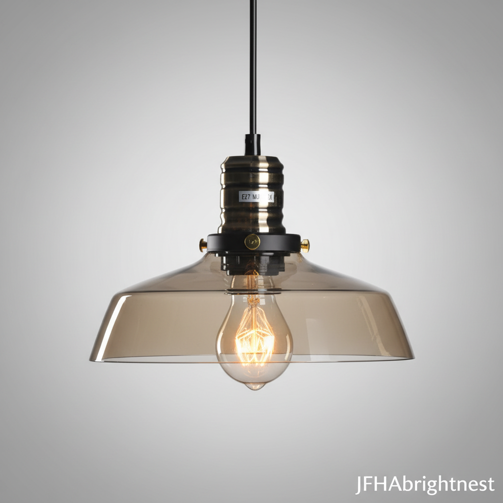 The Ember amber glass barn pendant light with antique brass lamp holder, studio shot