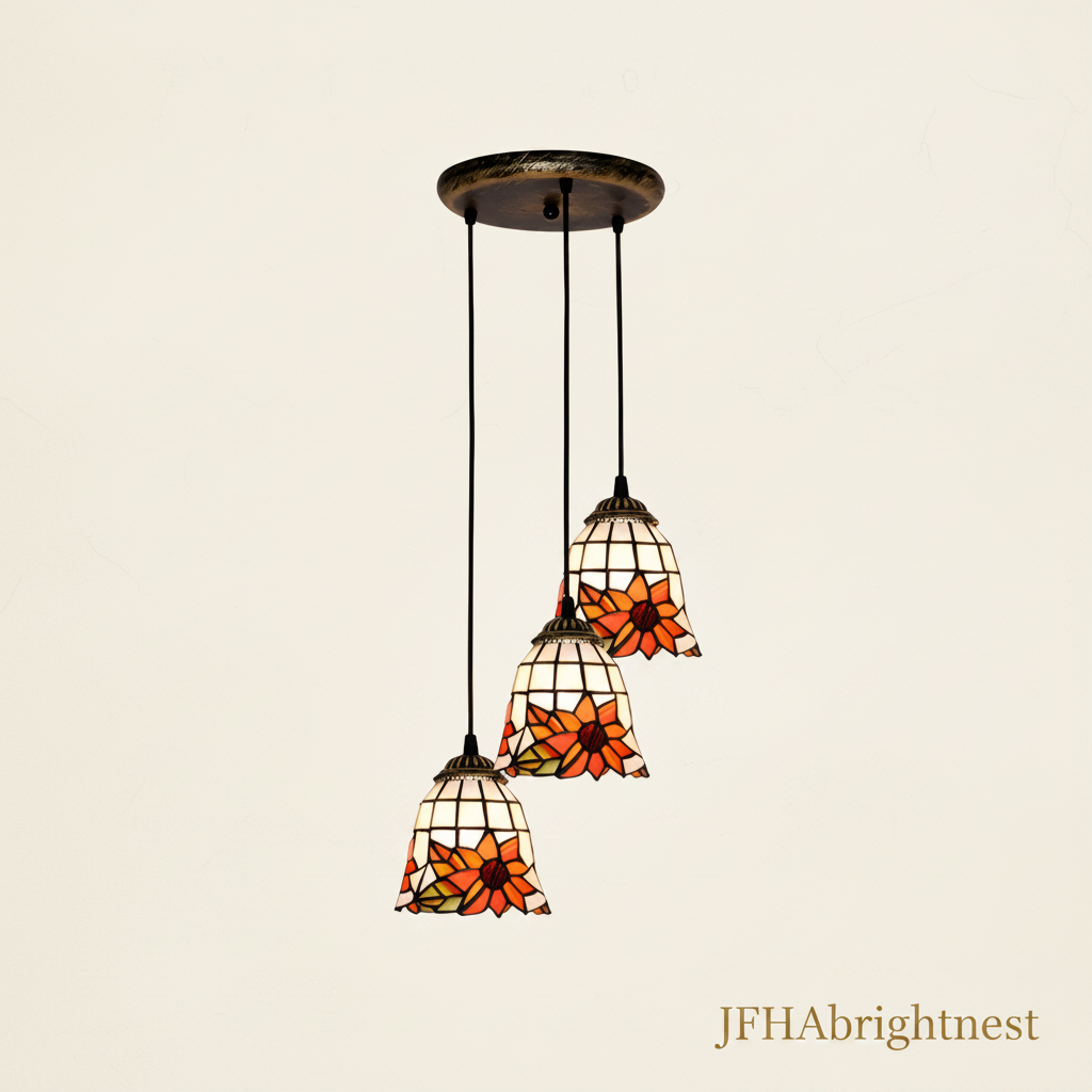 3-light Tiffany stained glass cluster pendant gold-black frame with orange sunflower shade and round canopy