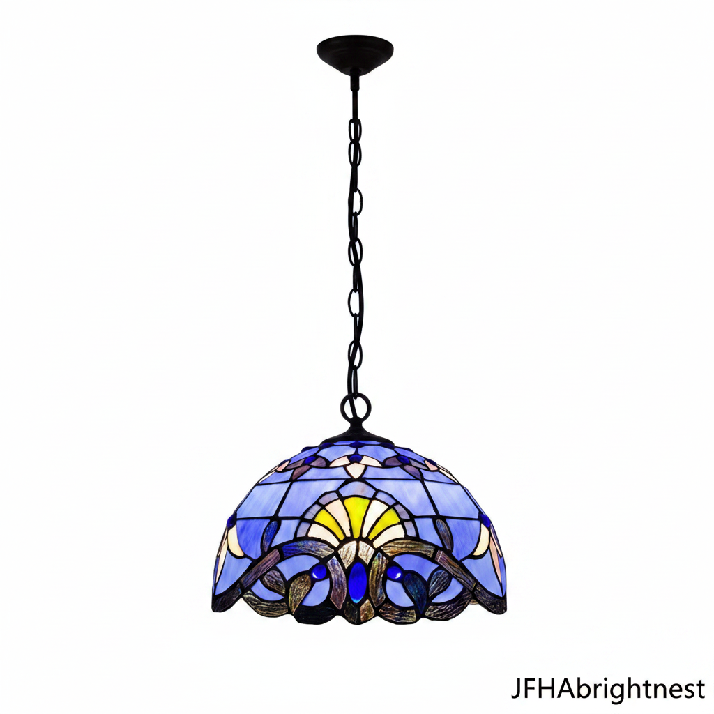 Blue and purple Tiffany stained glass dome pendant light – clean white background product photo
