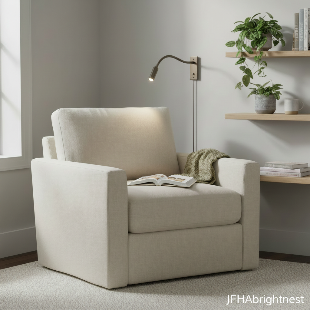 Brushed nickel Halden reading wall light in a reading corner