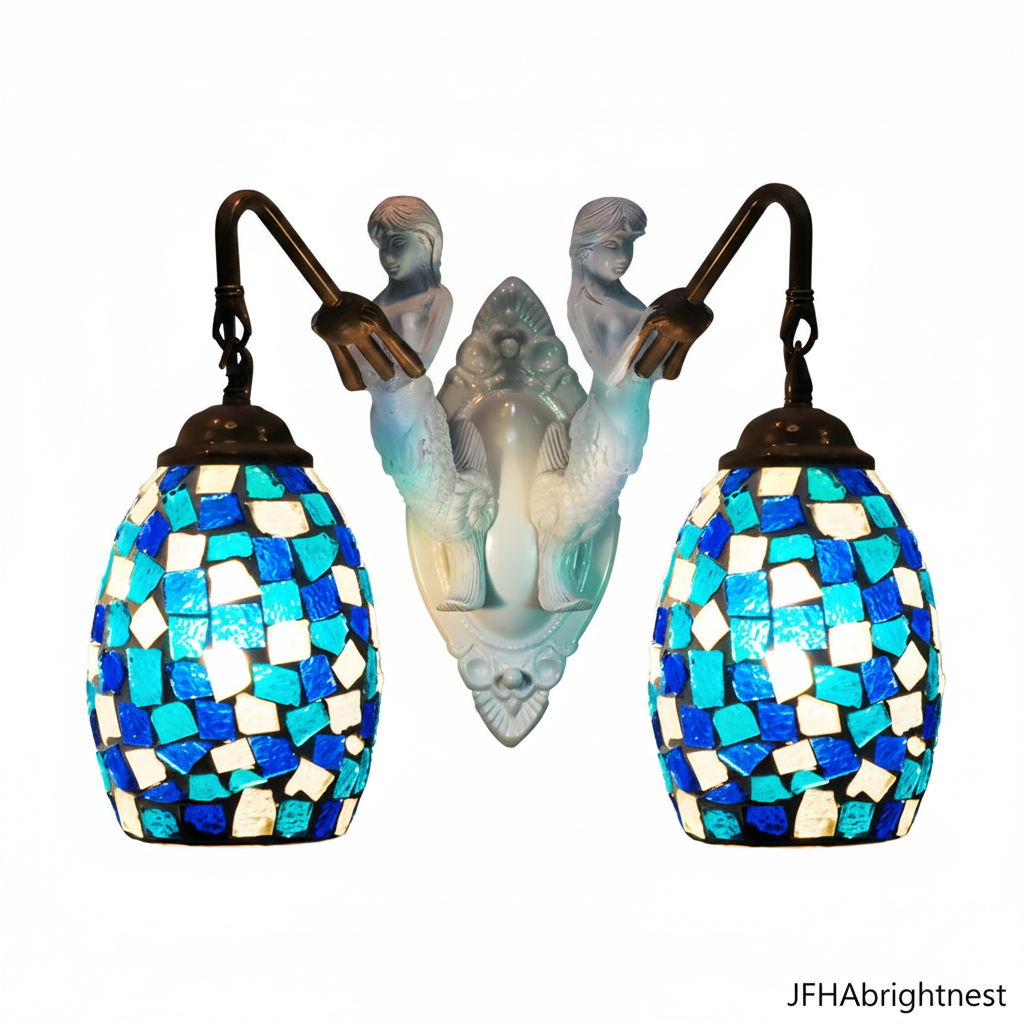 Tiffany stained glass wall sconce in Blue - blue and white mosaic globe shades