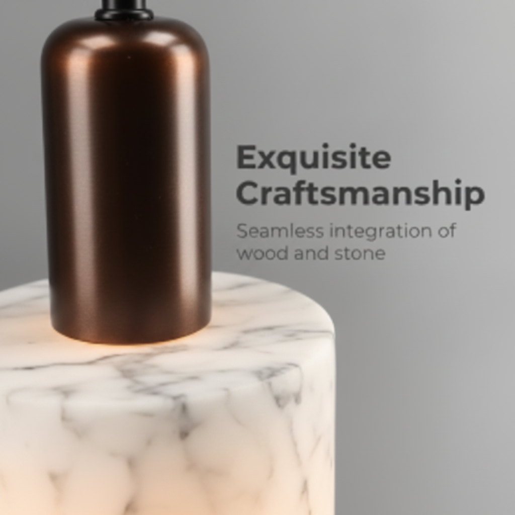 Close-up of the wood cap seated on top of the marble shade