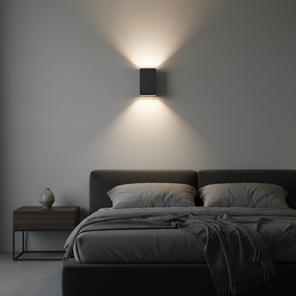 Ingram up-down wall light in black, lit on an interior wall