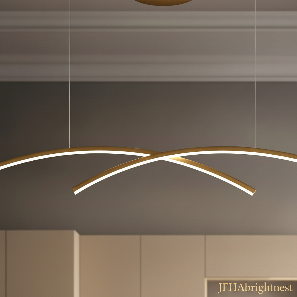 Close-up detail of brushed gold linear arc pendant light with warm white LED glow
