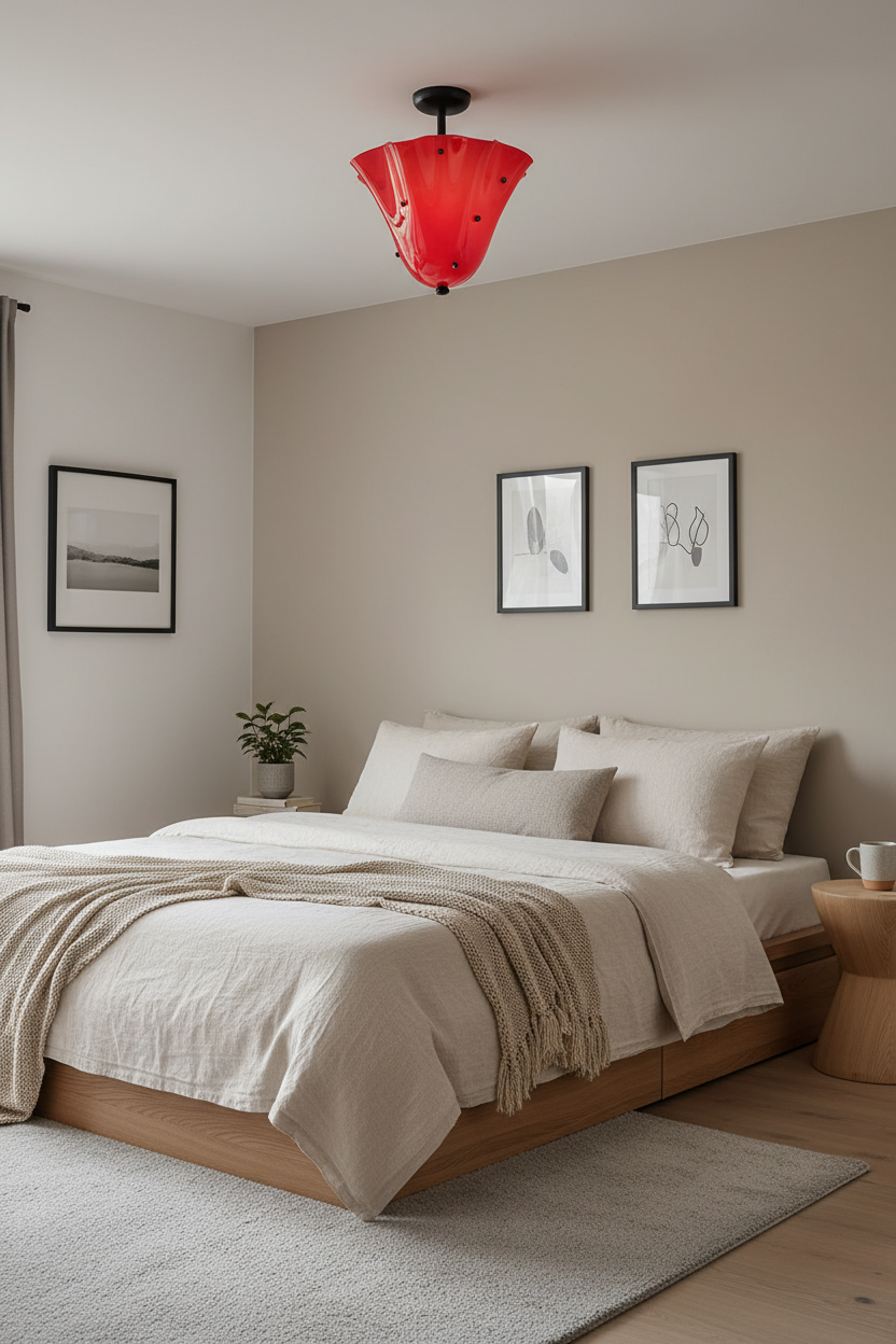 Eldis art glass semi flush ceiling light installed in a cosy bedroom