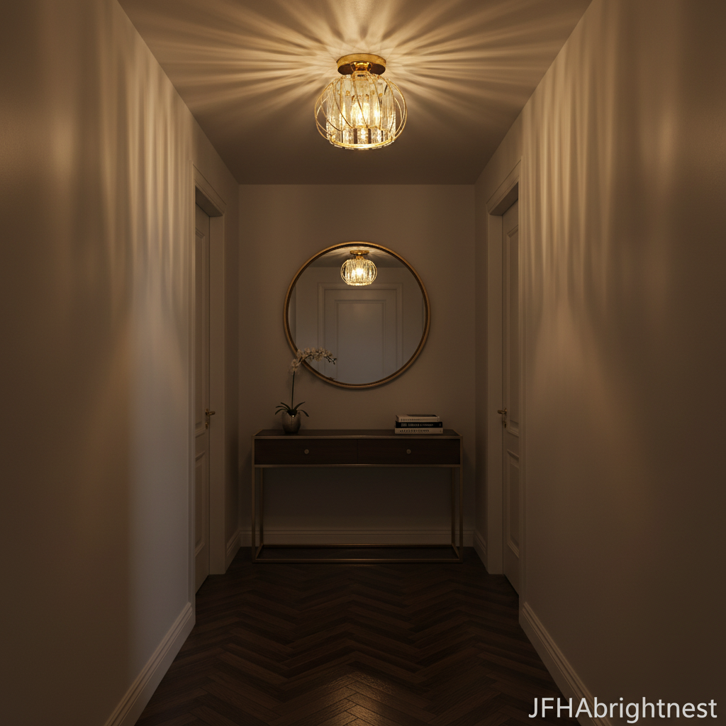 Aurelia gold crystal flush mount ceiling light lighting a hallway