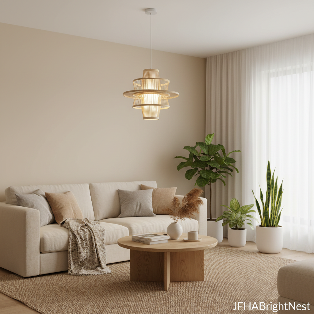 Handmade bamboo rattan art chandelier hanging in an elegant parlour living room with plush sofa and indoor plants