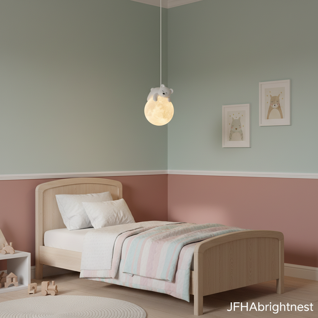White kids globe pendant light in pastel nursery bedroom