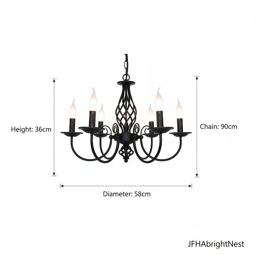 Lumière Noir Chandelier dimension diagram - Chain 90cm, Diameter 58cm, Height 36cm