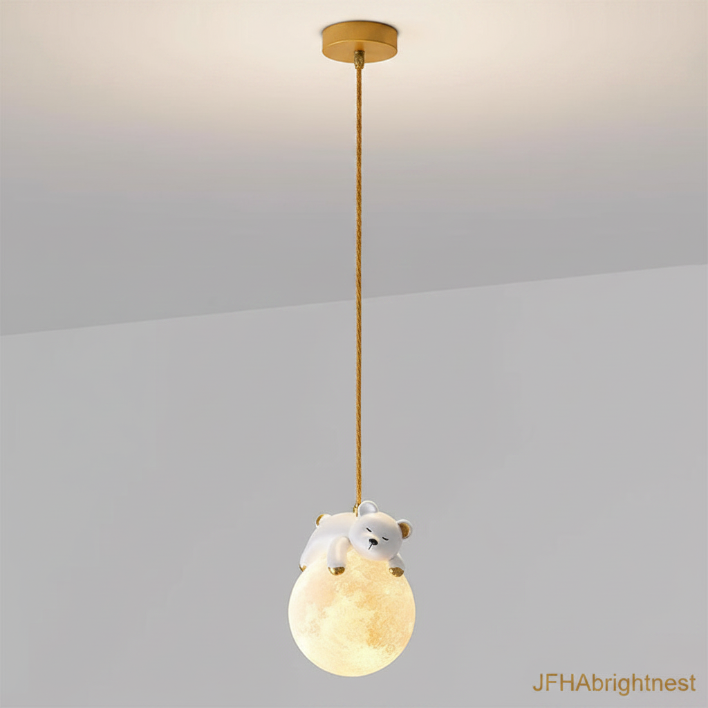Kids globe cord pendant light with gold shade and bear figurine