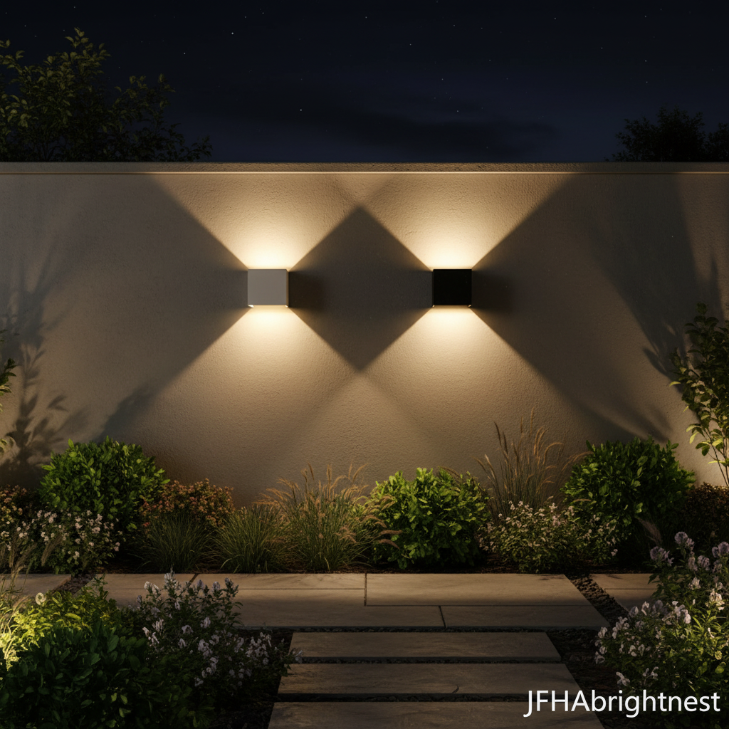 White and black Norvik outdoor wall lights in a garden at dusk