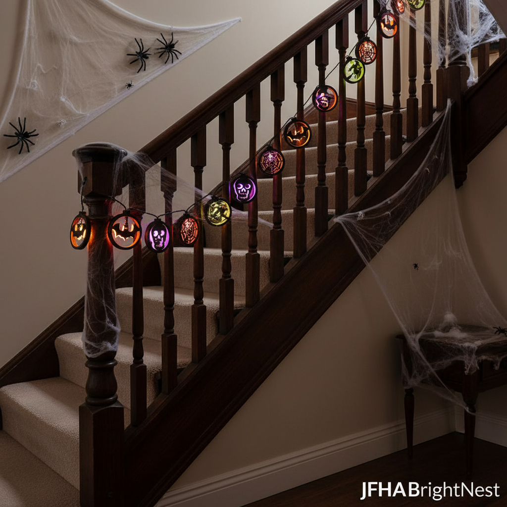 Skeleton Halloween LED string lights along a staircase banister, orange and purple multi-colour glow, British home interior – JFHABrightNest