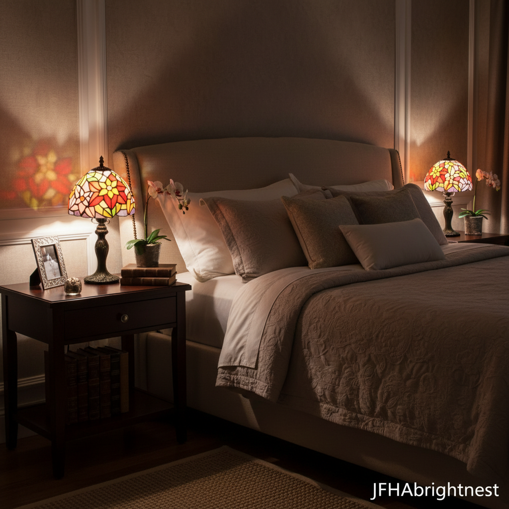 Petal Glow Tiffany Table Lamp in Black – lifestyle photo in bedroom