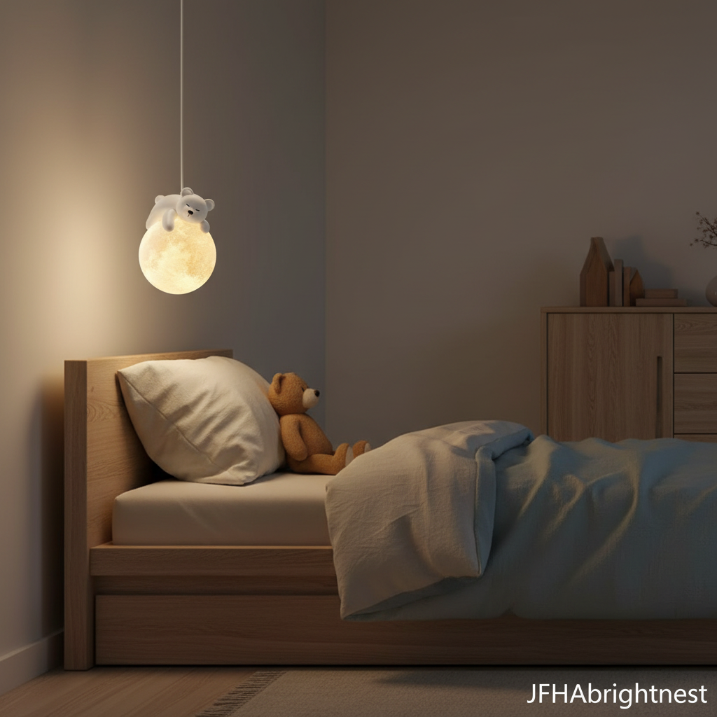 Ivory kids globe pendant light hanging beside child's bed in Scandi room