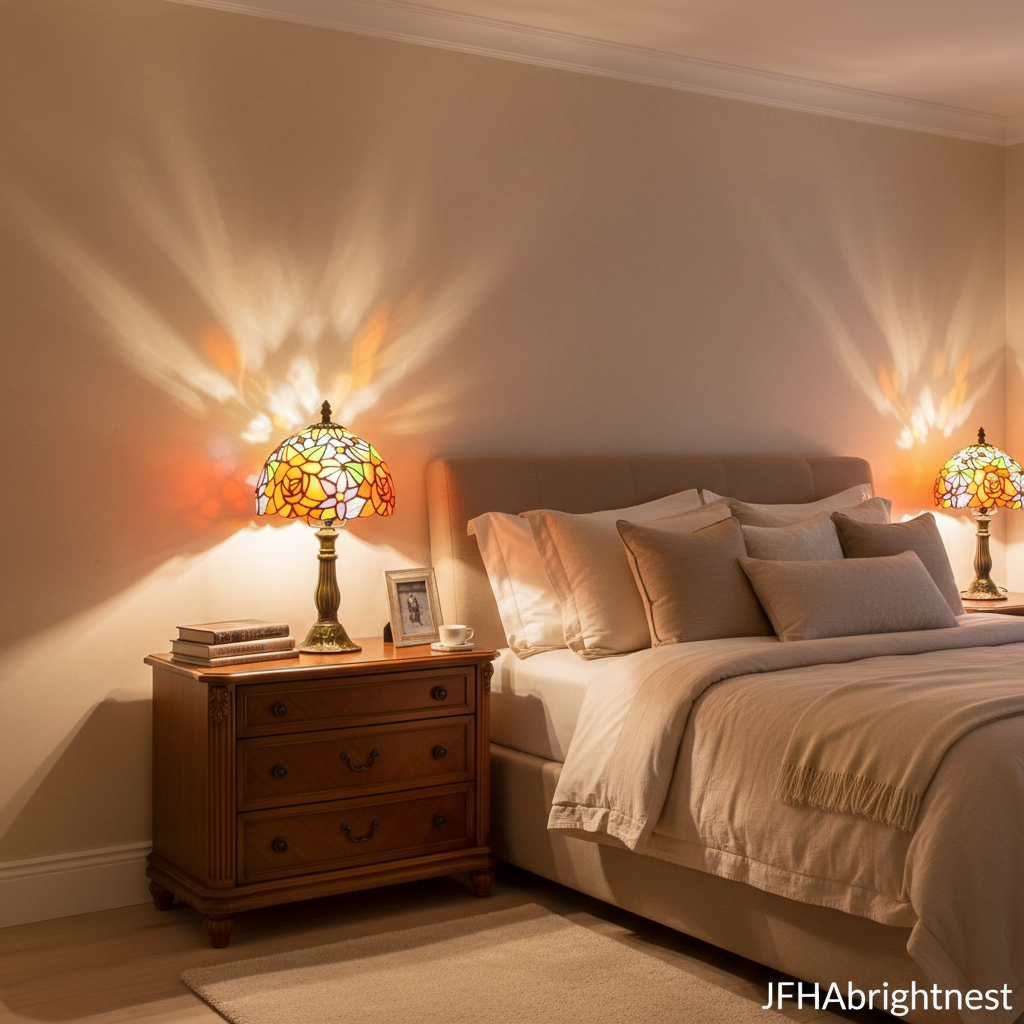 Petal Glow Tiffany Table Lamp in Bronze – lifestyle photo in bedroom