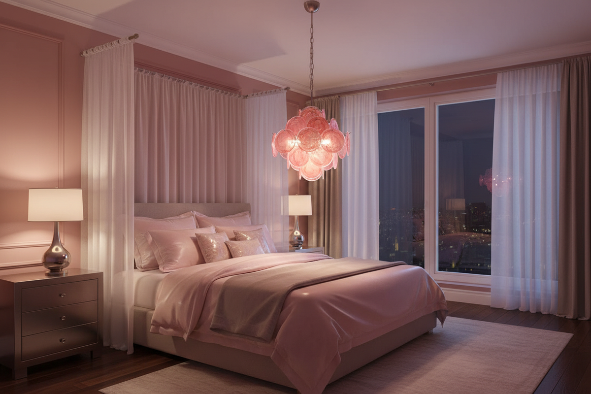 Pink glass disc chandelier glowing in bedroom at night