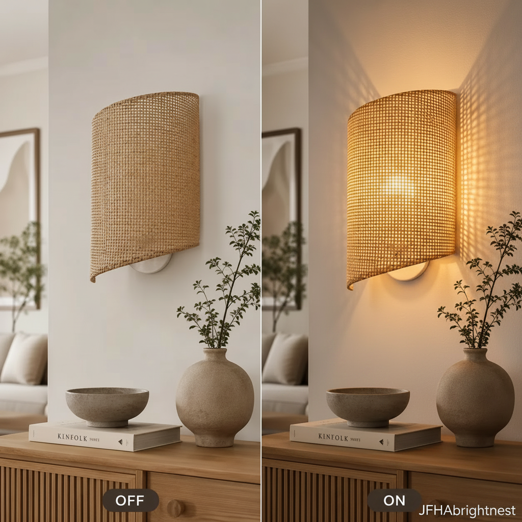 Bamboo wall sconce shown switched off and switched on, throwing warm light and shadow patterns up the wall