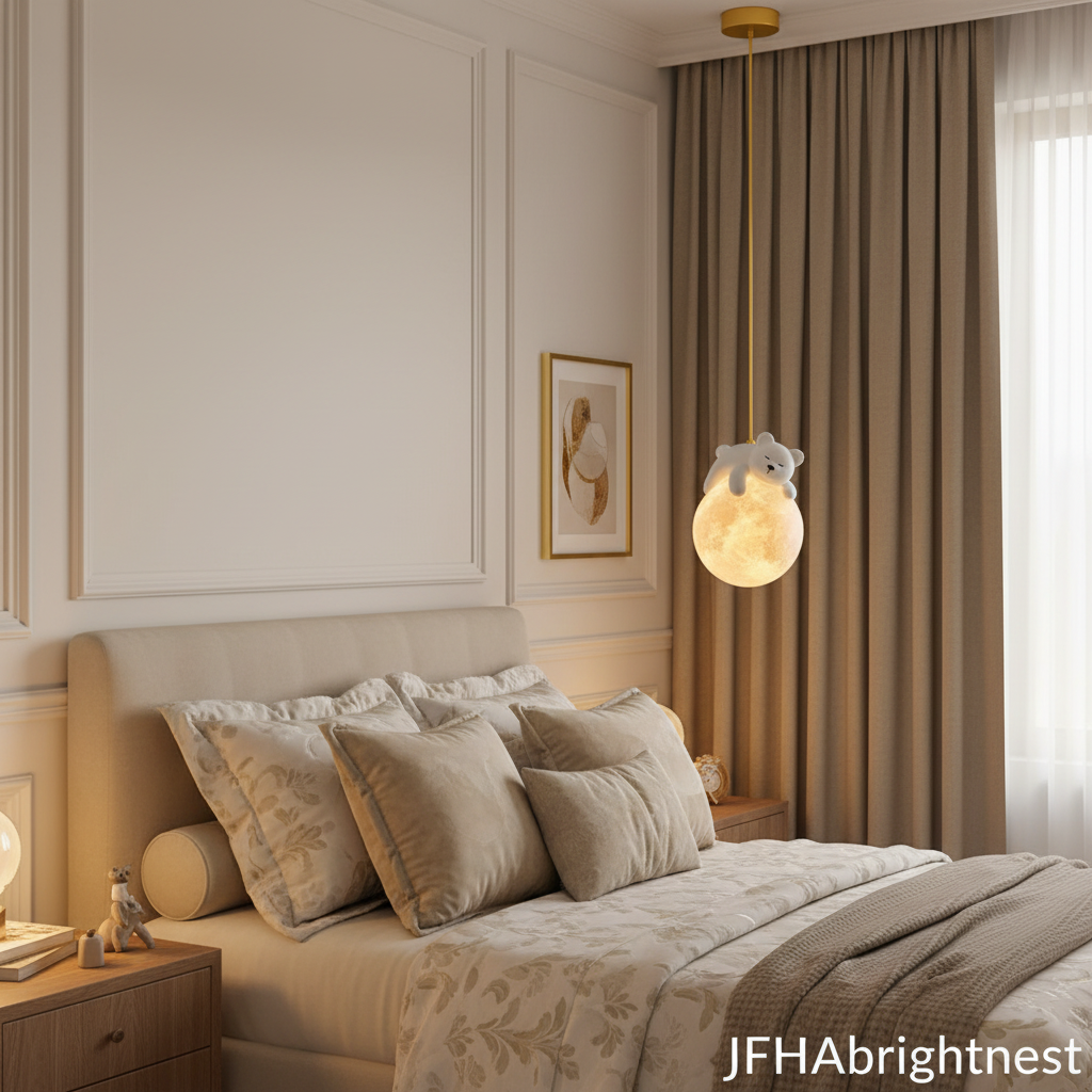 Gold kids globe pendant light hanging beside child's bed in luxury nursery