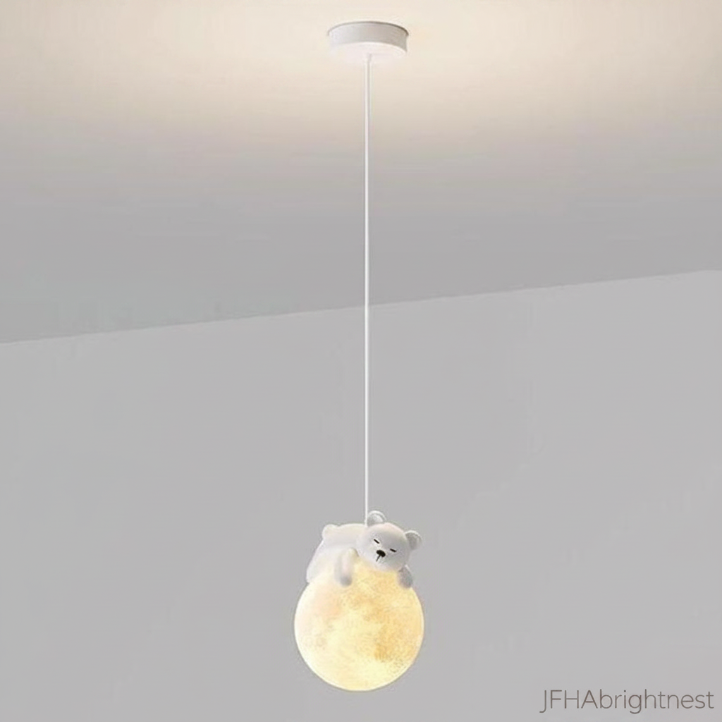 Kids globe cord pendant light with off-white shade and bear figurine