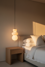 Marble pendant light on a cable beside a bed with white linen