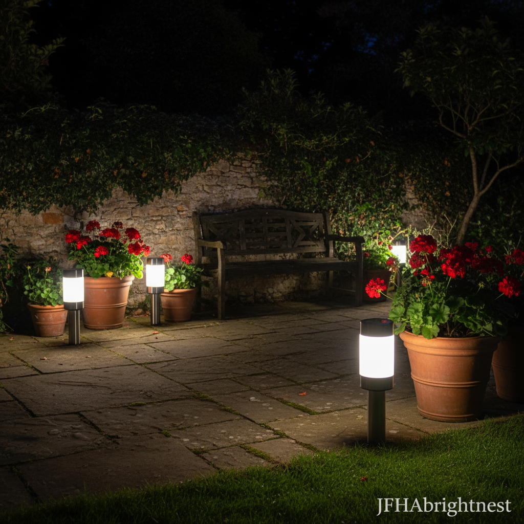 Rowan solar LED garden stake lights on York stone patio in English country garden at night with JFHAbrightnest branding