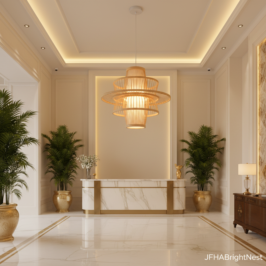 Handmade bamboo rattan art chandelier hanging in a luxurious hotel lobby hall with marble floors and tropical plants