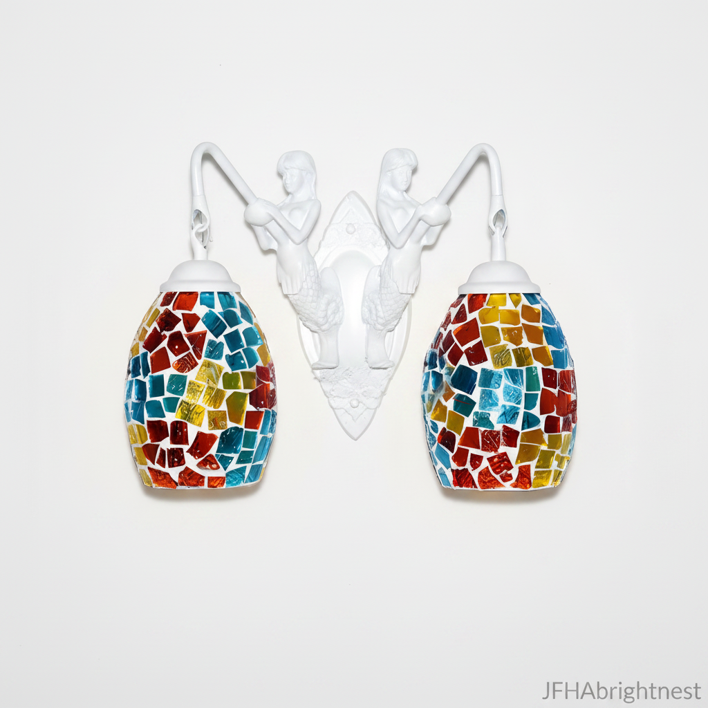 Tiffany stained glass wall sconce in Gold - multi-colour mosaic globe shades on a white mermaid frame