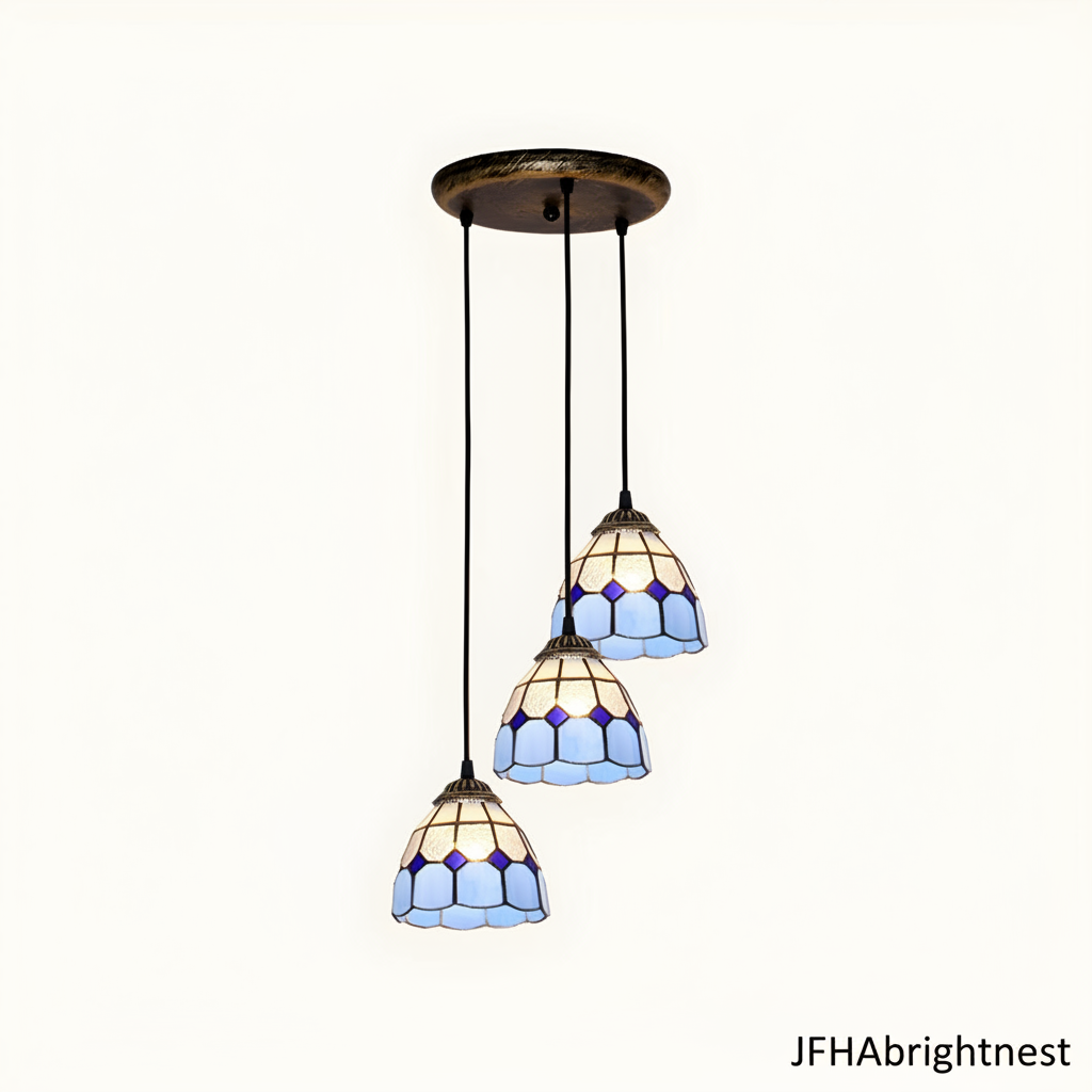 3-light Tiffany stained glass cluster pendant gold-black frame with blue scallop shade and round canopy