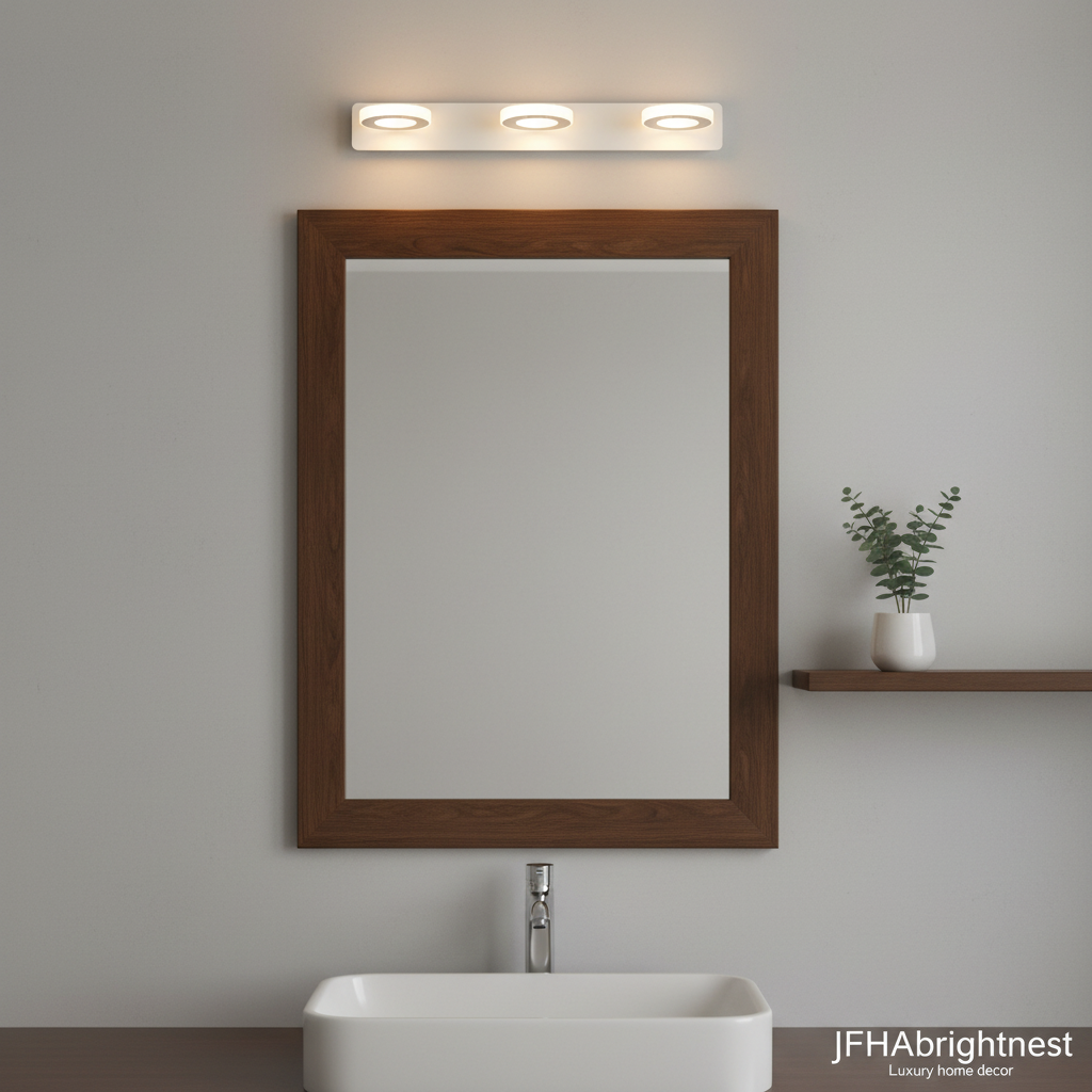 Warm white bathroom wall light above a wood-framed mirror and basin