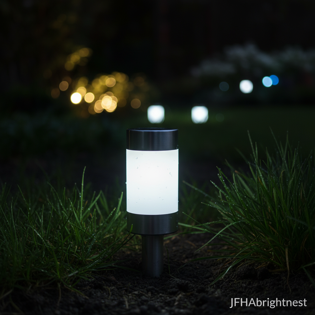 Close-up detail shot of single Rowan solar LED garden stake light with JFHAbrightnest branding
