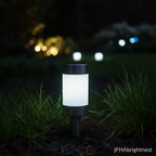Close-up detail shot of single Rowan solar LED garden stake light with JFHAbrightnest branding
