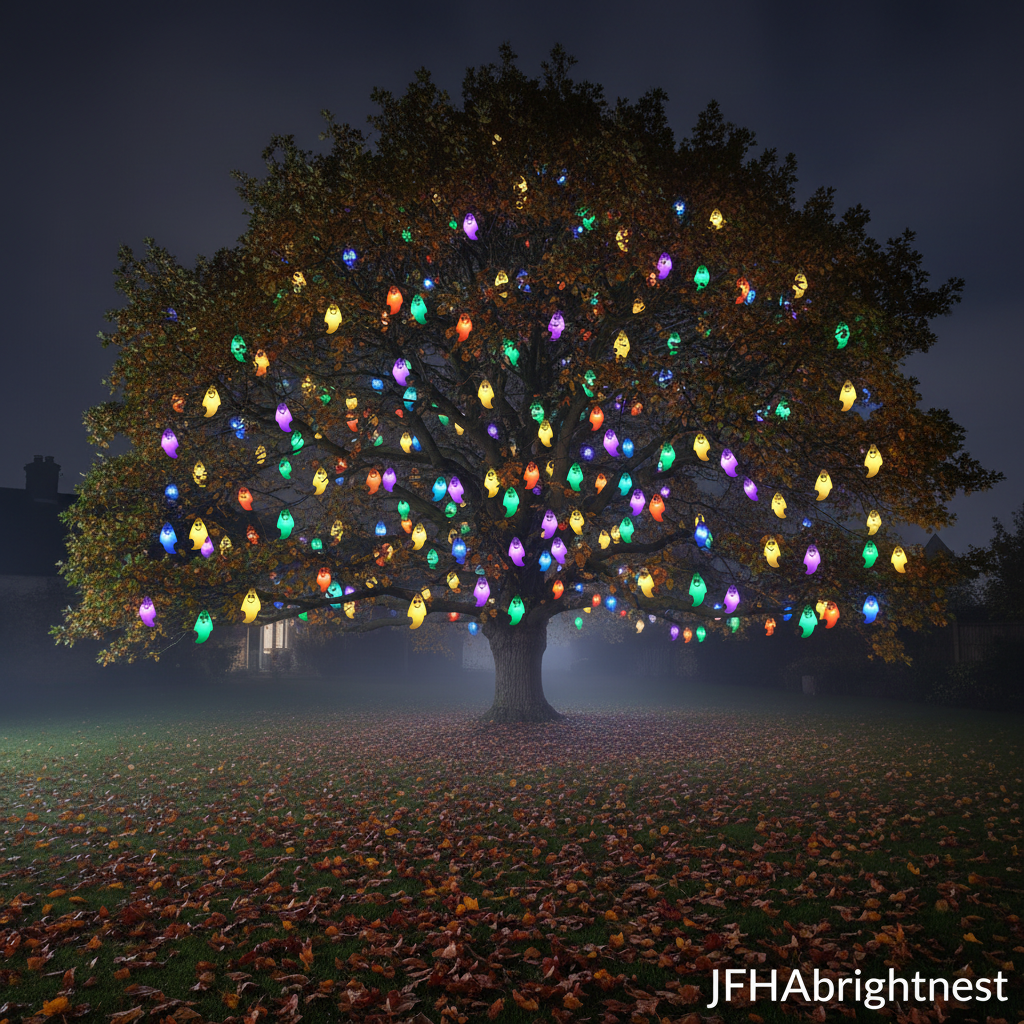 Wisp Halloween ghost solar fairy lights multicolour variant wrapped around English oak tree in autumn misty garden with JFHAbrightnest branding