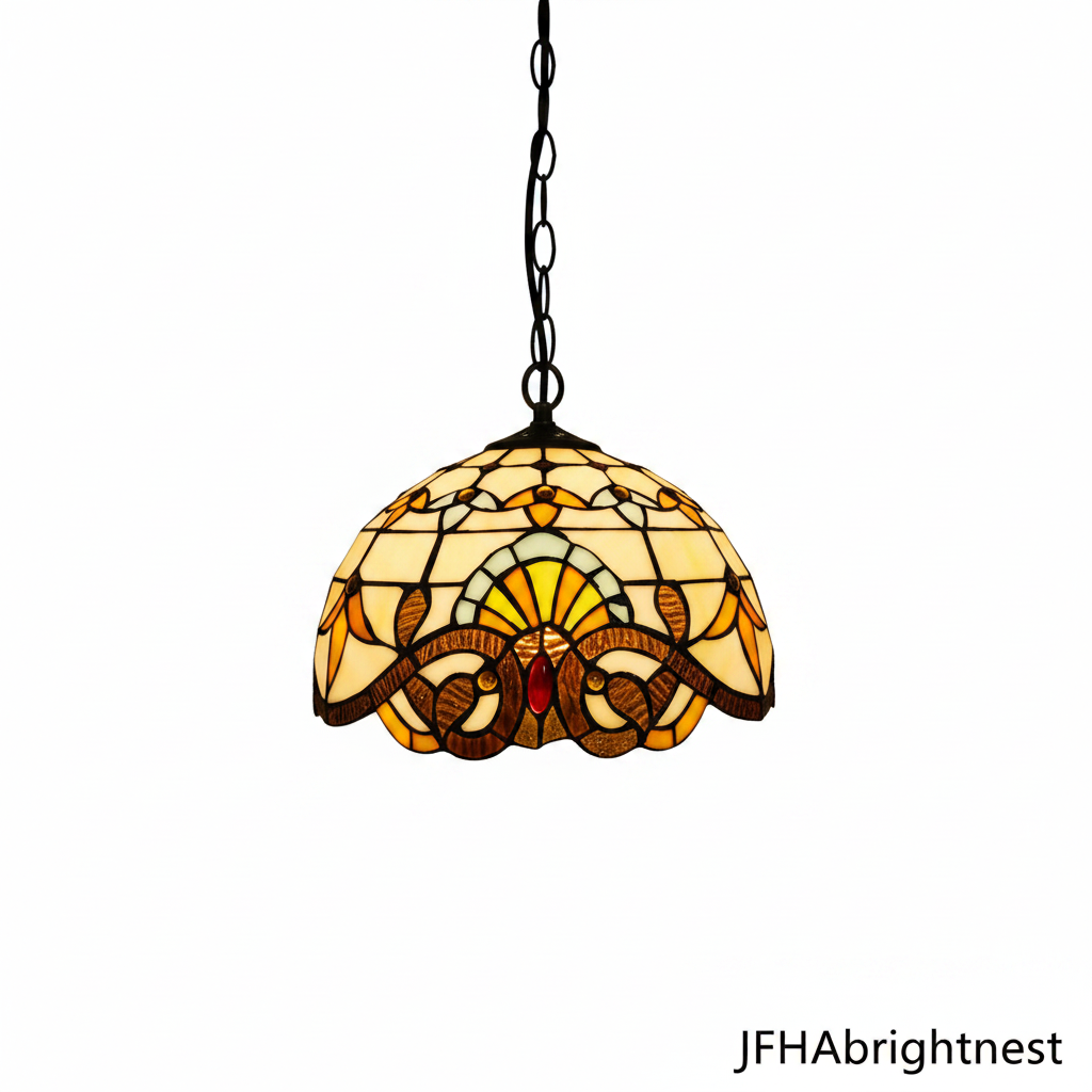 White and green Tiffany stained glass dome pendant light – clean white background product photo