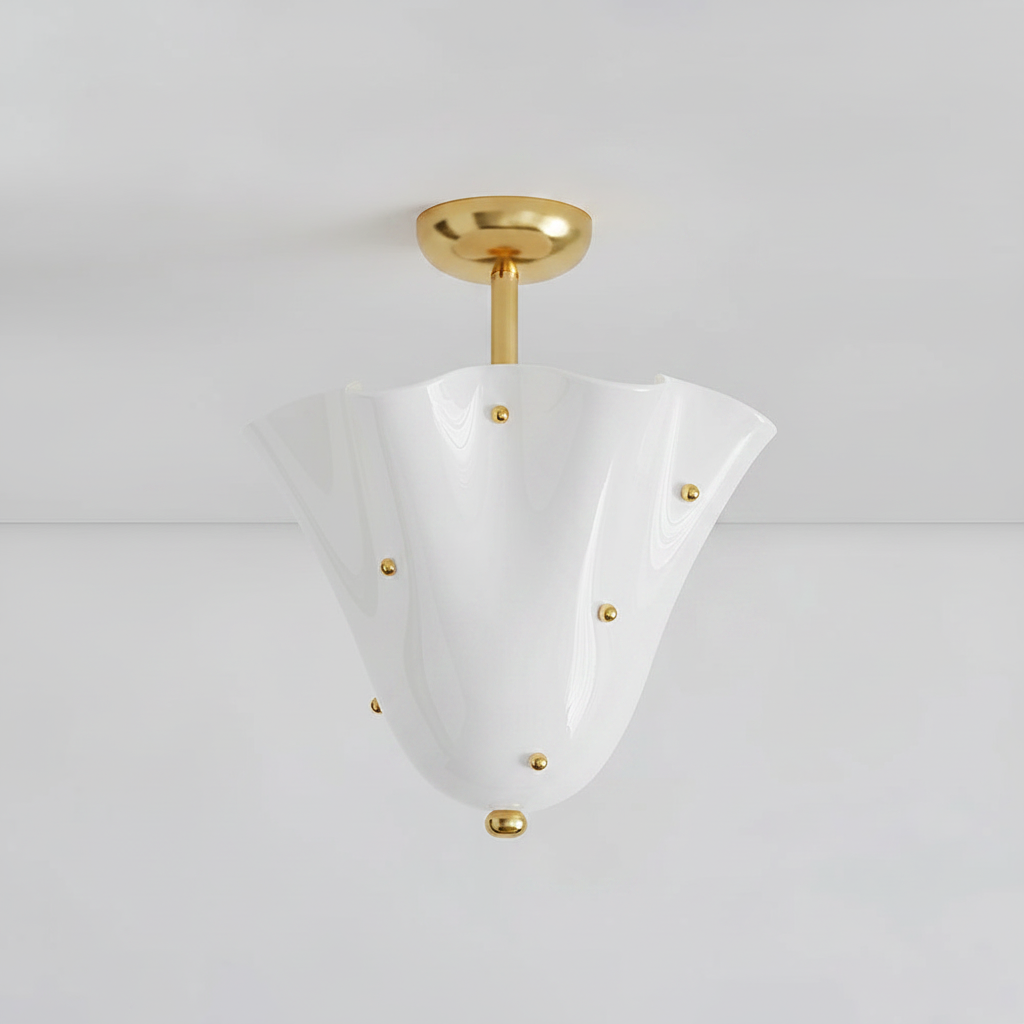 Eldis art glass semi flush ceiling light in Gold and White