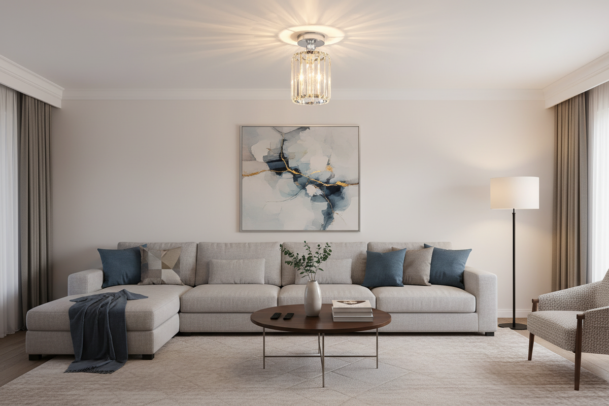 Circular silver acrylic flush mount ceiling light in a modern living room