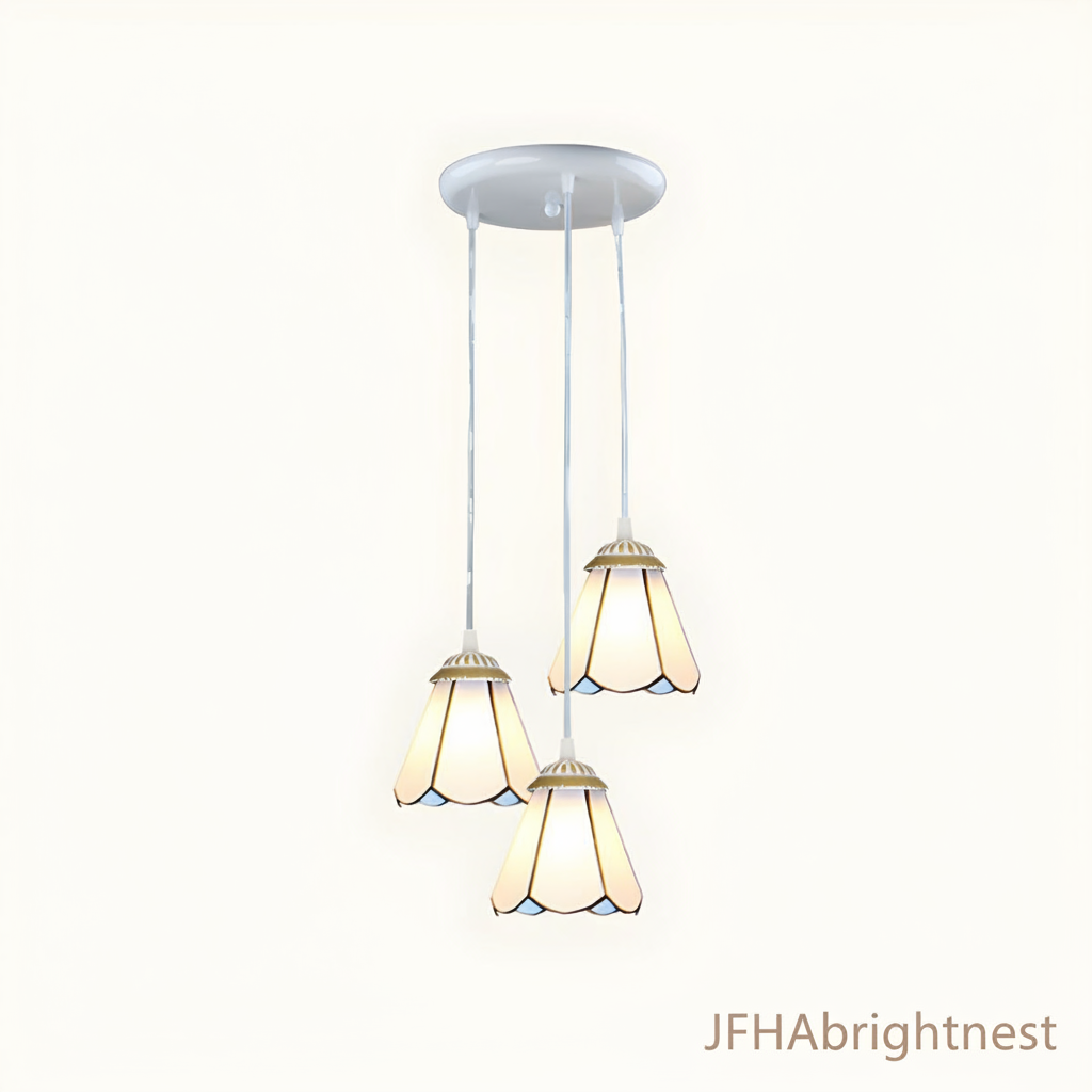 3-light Tiffany stained glass cluster pendant with white round canopy and white cream shades