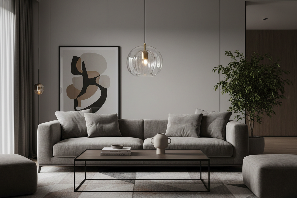 Clear glass globe pendant light in modern living room