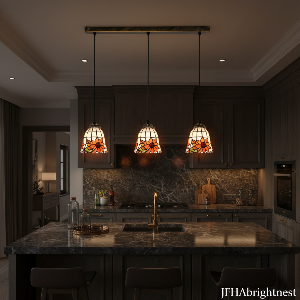 3-light Tiffany orange sunflower pendant gold-black linear canopy dark kitchen lifestyle shot