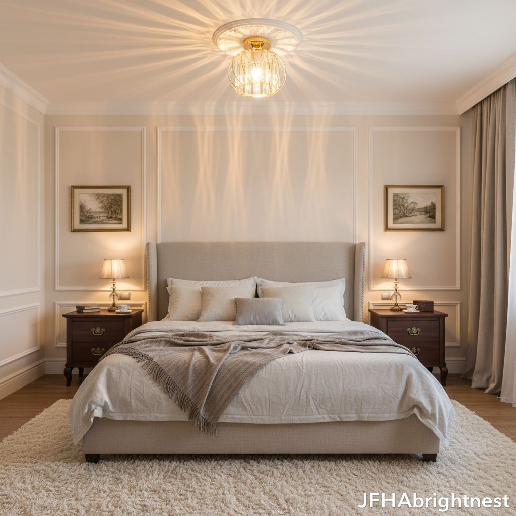 Aurelia gold crystal flush mount ceiling light in a master bedroom