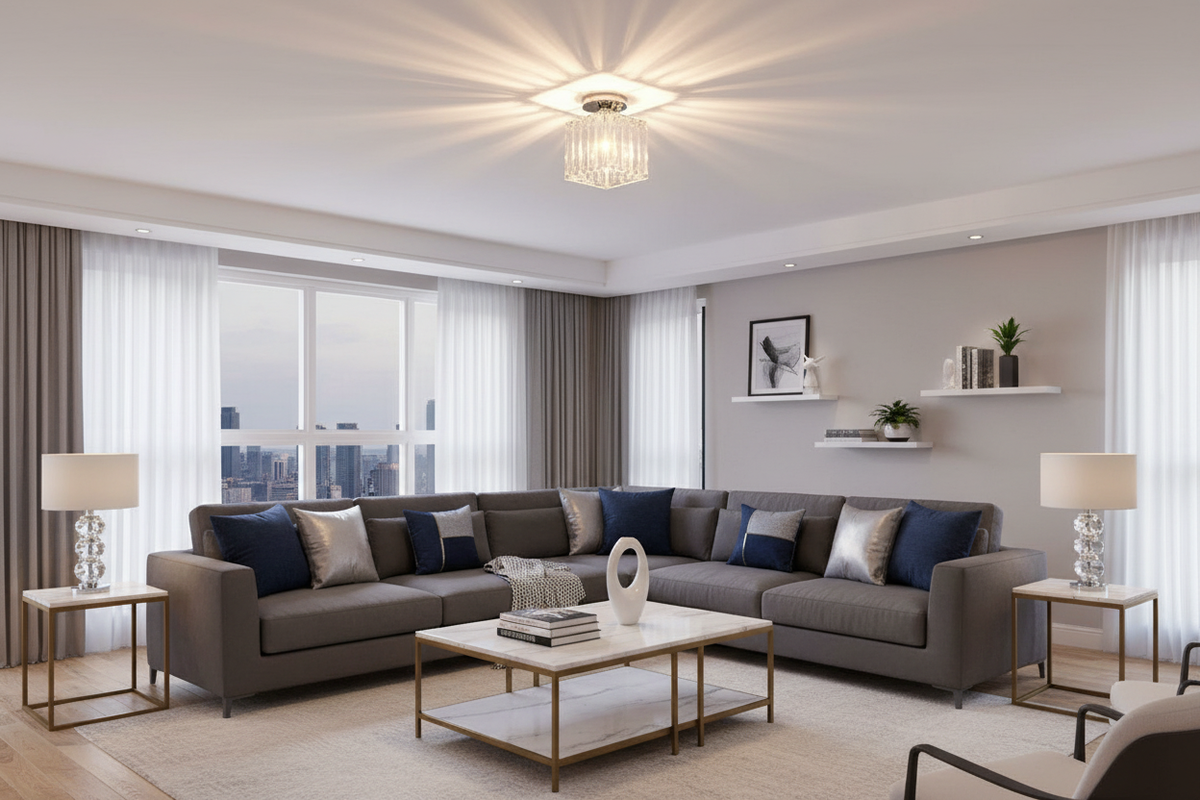 Square silver acrylic flush mount ceiling light in a modern living room