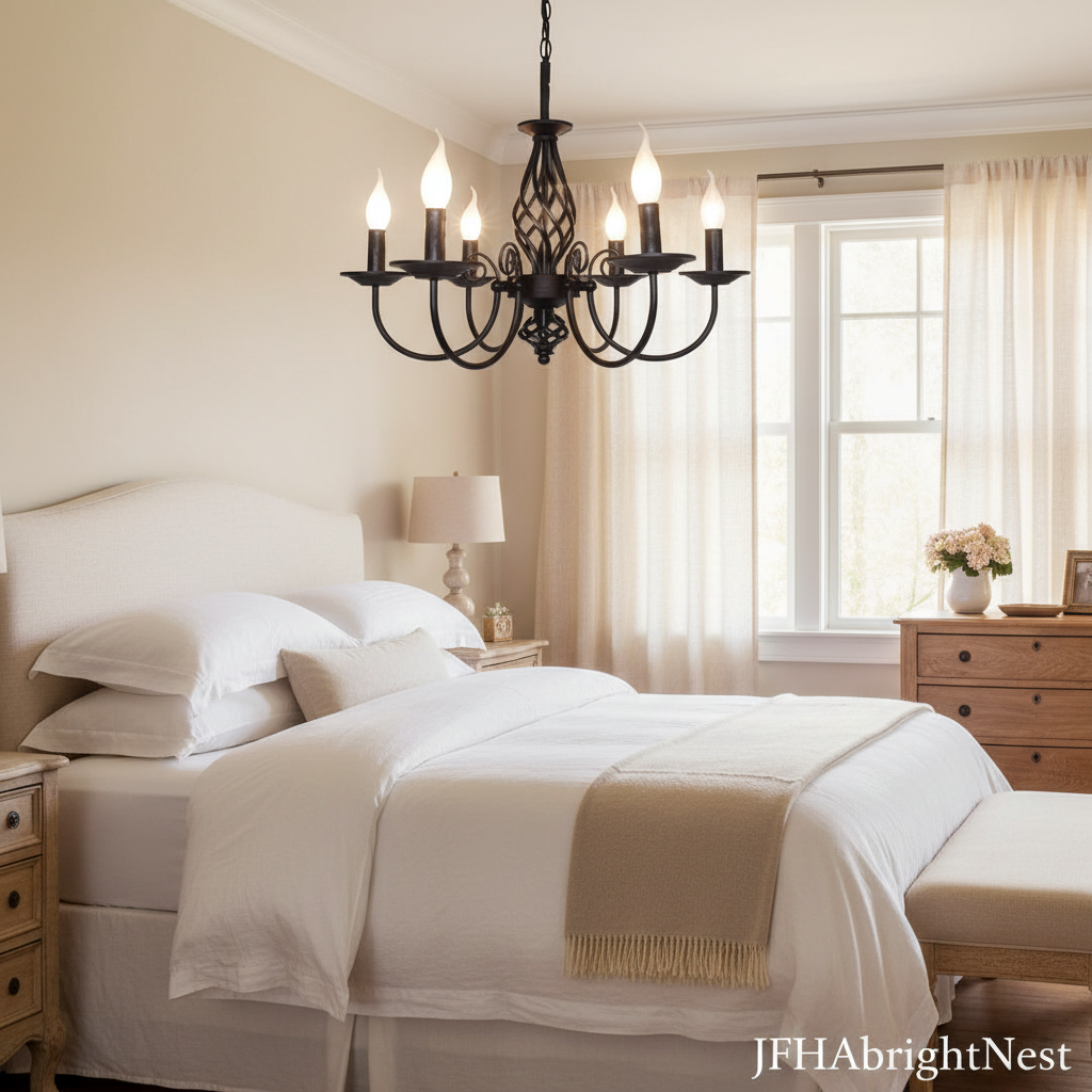Lumière Noir Chandelier styled in a luxurious French country master bedroom