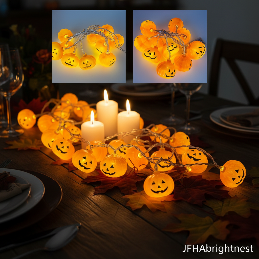 Large fluffy orange pumpkin Halloween string lights on dark Halloween table with candles and autumn leaves with JFHAbrightnest branding