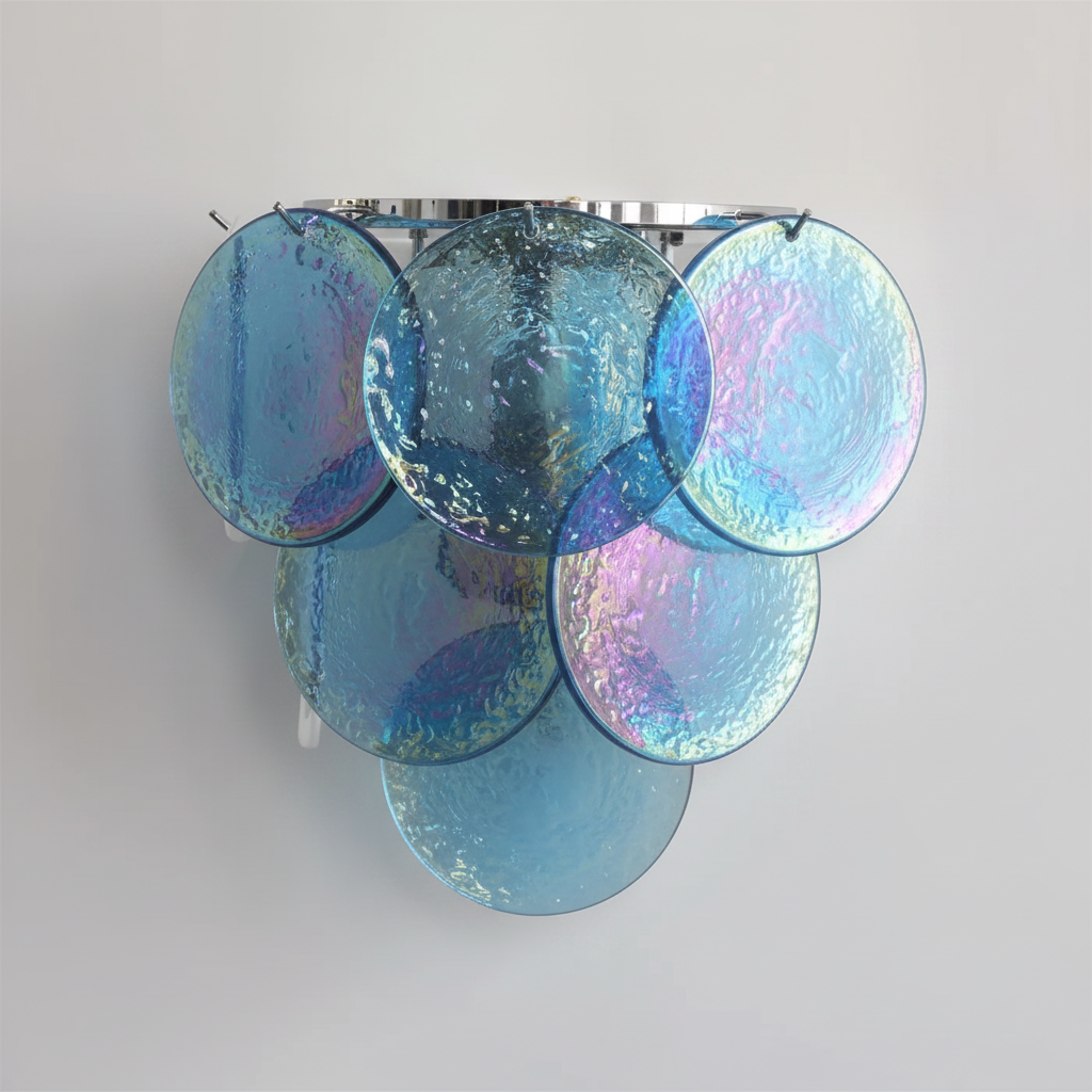 Ephira art glass wall lamp in Blue with a polished chrome body