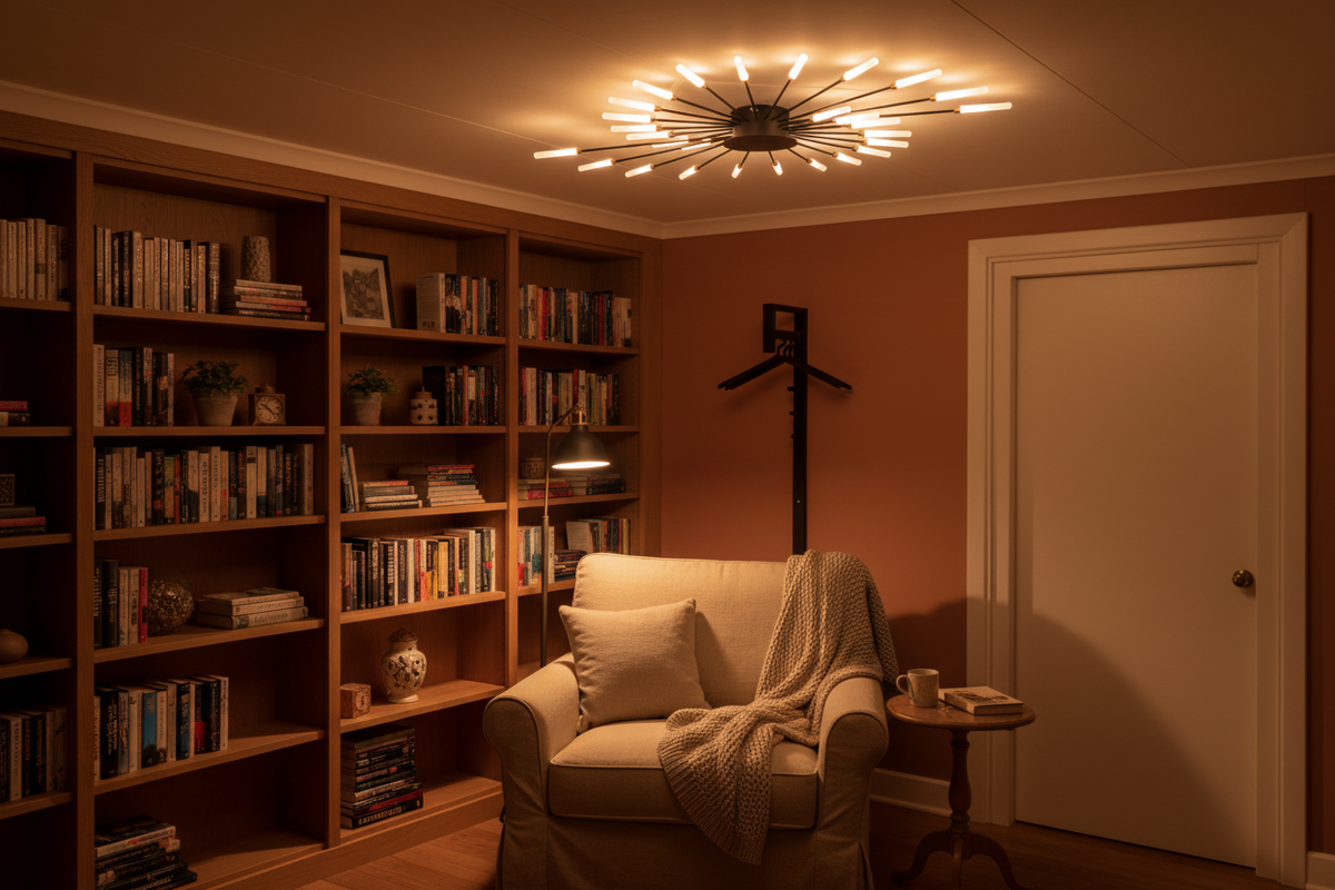 Wesley Fireworks gold ceiling light in a cosy reading nook with terracotta walls and linen armchair
