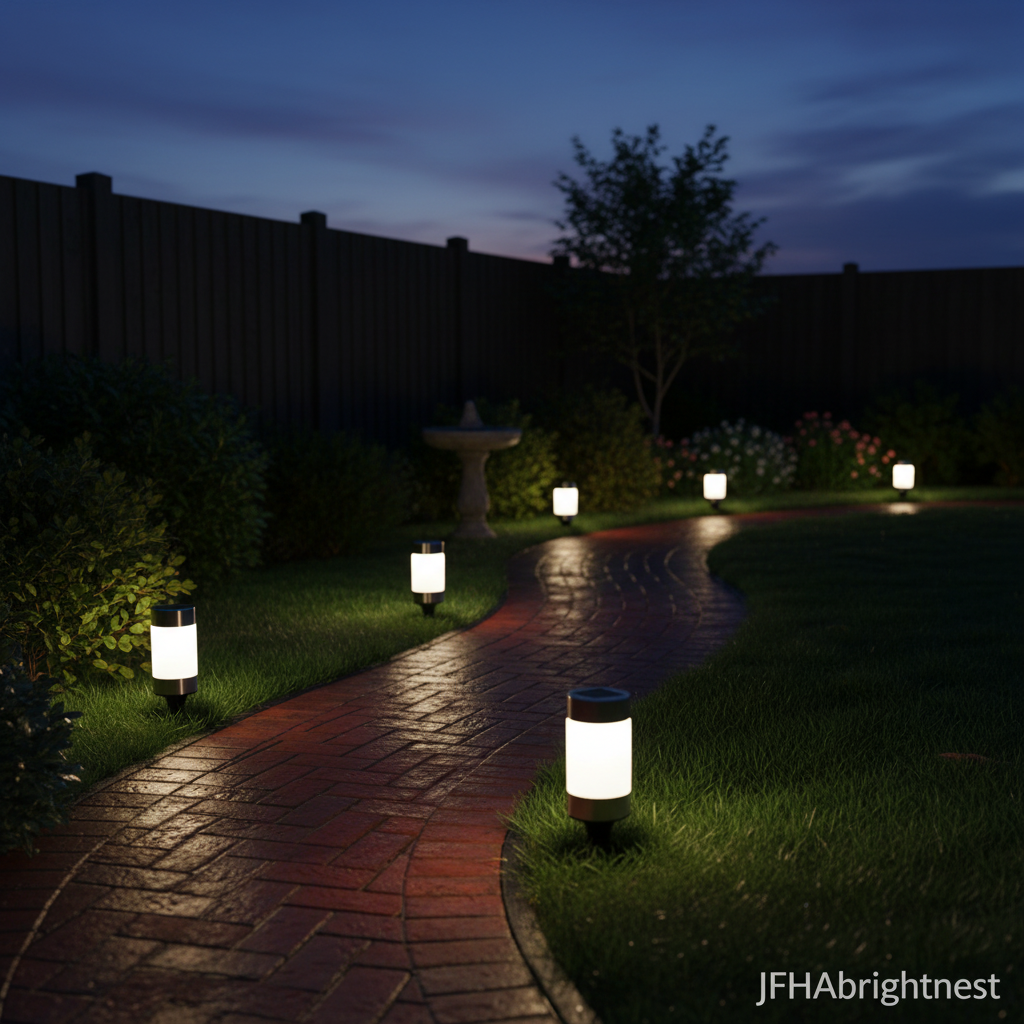 Rowan solar LED garden stake lights along red brick pathway in British back garden at twilight with JFHAbrightnest branding