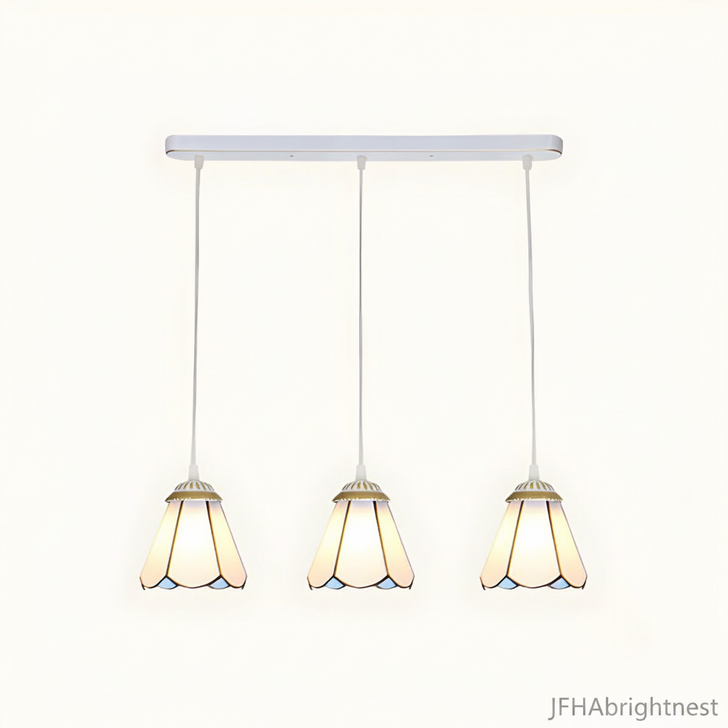 3-light Tiffany stained glass cluster pendant white frame with white shade and linear canopy