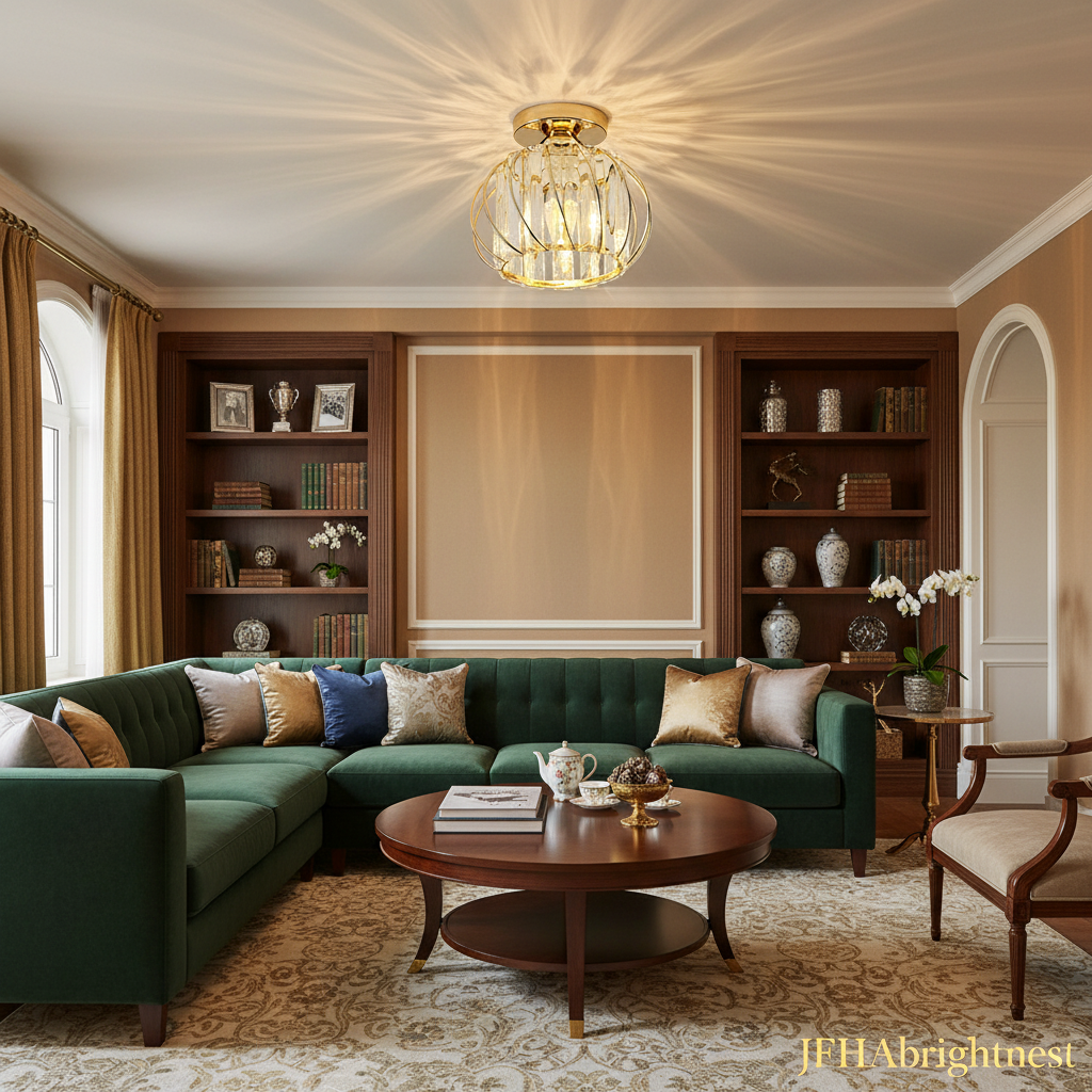 Aurelia gold crystal flush mount ceiling light in an elegant living room