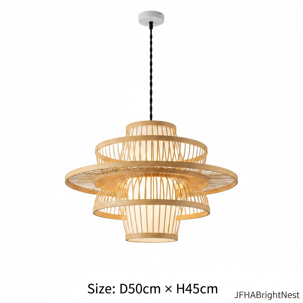 Handmade bamboo rattan art chandelier Size D50cm x H45cm multi-tiered disc ring structure on white background